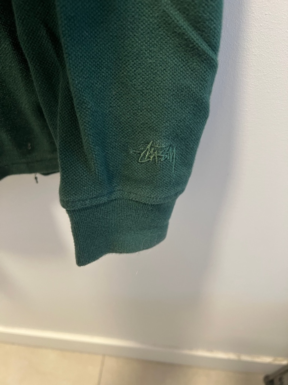 Stussy Men's Forest Green Zip Polo Sweater with Cream Stripe - Picture 3 of 6